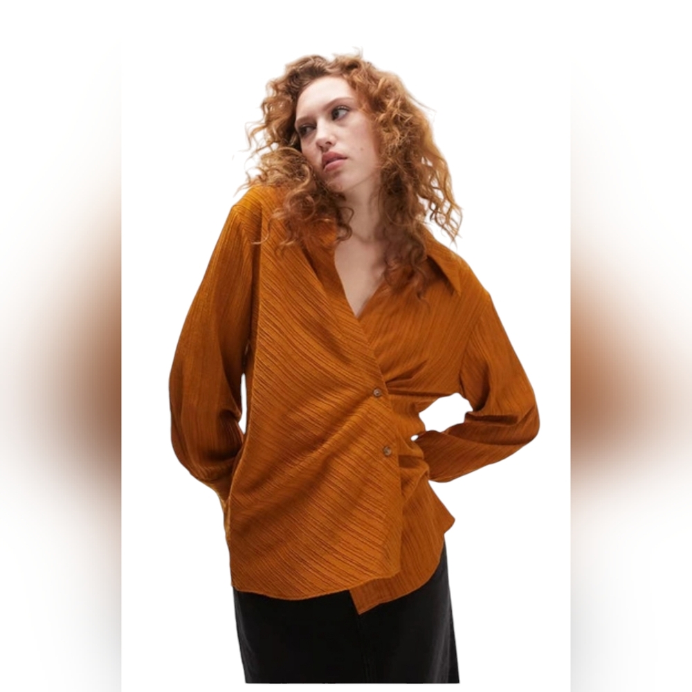 Topshop light brown "tobacco" asymmetrical button wrap blouse size 6